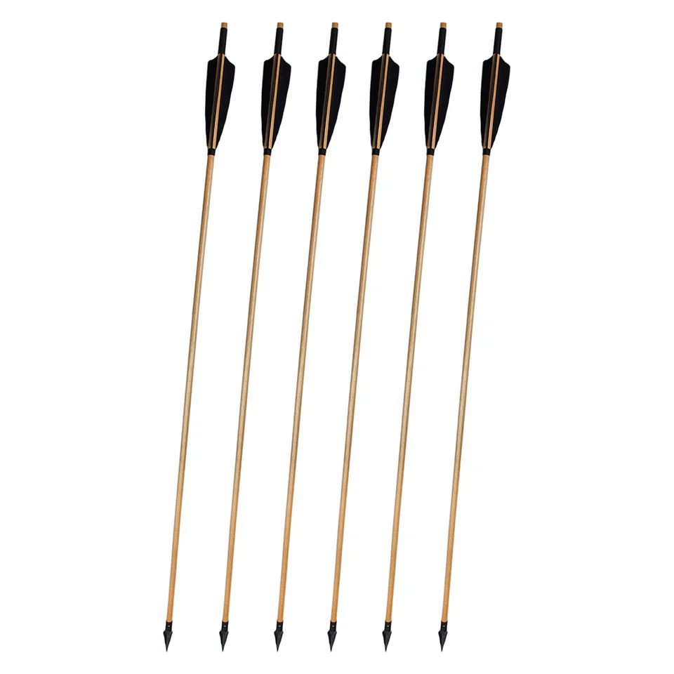 6 Pcs Handmade Traditional Wooden Arrows 33‘’ Black Feather Shaft Load Iron Tip - Image 1 of 4