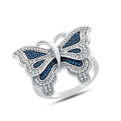 Mariposa de diamante natural azul corte redondo de 3/25 quilates enchapado en oro de 14 quilates esterlg Foto 1 de 4