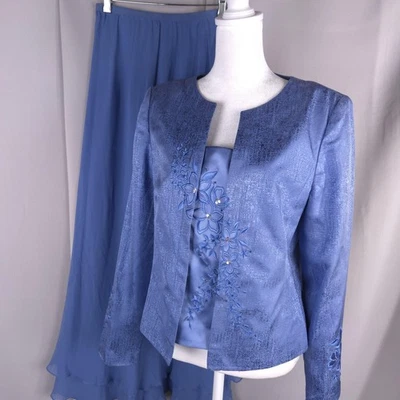 Adrianna Papell Skirt Suit Set Womens 6 Blue Silk Embroidered Jacket Formal Look - Image 1 of 4