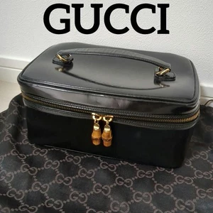 Authentic GUCCI Vintage Bamboo Hand Vanity Bag Purse Leather Black Junk - Picture 1 of 12