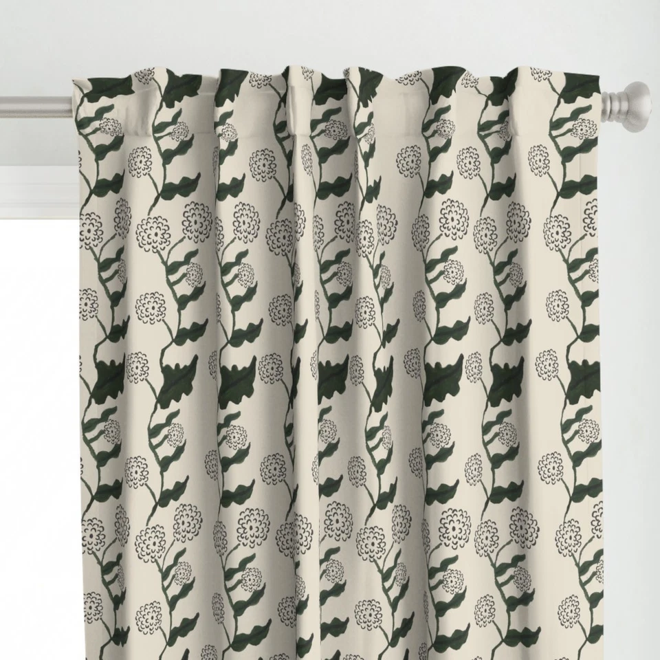 Floral Stripe Flowering Vine Dark Moss Printed Custom Curtain Panel Set Of 2 - Image 1 of 4