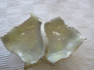 Vintage Mid Century Gold Trim Double Leaf Green Candy Dish with Handle - Picture 1 of 22