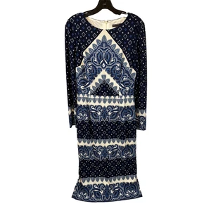 Maggy London Kleid Damen 10 Blau Weiß Langarm Paisley Print Etui Midi - Bild 1 von 17