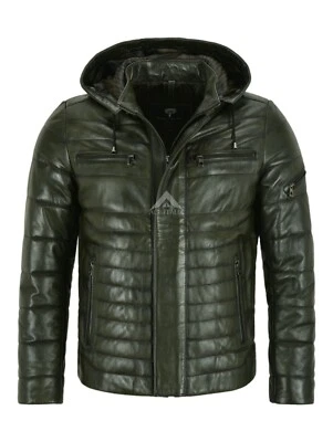 Men's Real Leather Jacket Puffer Hooded Green Hoodie Fully Quilted Jacket 2006 - Image 1 of 4