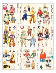 Vintage Sewing Pattern Theme Western Outfits Cowboy Cowgirl 9 x Gift Tag Topper - Picture 1 of 2