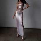Women Dress Metallic Maxi Sexy Bodycon Shimmering Clubwear See-Through Straps