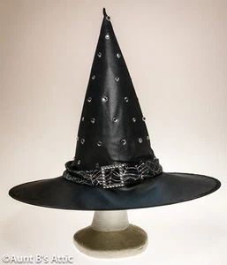 Witch Hat Blk Poly Wired Brim Halloween Costume Hat W/ Spider Web Band & Jewels - Picture 1 of 1
