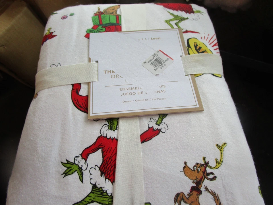 Pottery Barn Teen Grinch & Max flannel Holiday sheet set queen Christmas tag new - Image 1 of 1