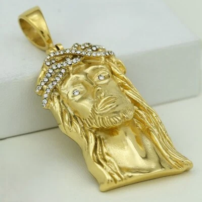 Para hombres Acero Inoxidable Cara JESÚS Circonita Cúbica 53mm Mediana Chapada en Oro *Caja Foto 1 de 3