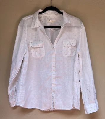 Charter Club Women's XL Roll-Tab Sleeve Polka Dot Linen Shirt Top White Pockets - Image 1 of 4