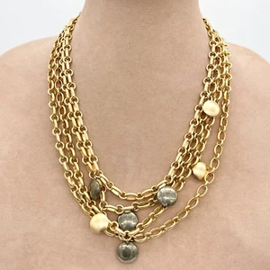 Gold Tone Pyrite Bead Layered Statement Necklace Signed M+JS - Picture 1 of 8