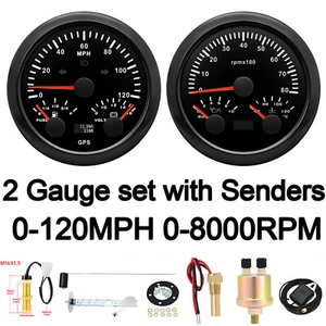 2 Gauge Set with Senders 85mm GPS Speedometer 120MPH Fuel/Oil Pressure/Temp/Volt - Picture 1 of 16