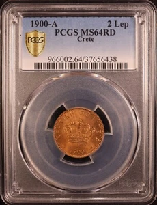 1900-A Kingdom of Greece, Crete 2 Lepta - PCGS MS64RD! Scarce Lustrous RED+ - Picture 1 of 7
