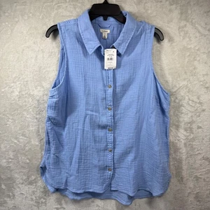 L.L. Bean NEW Womens Sleeveless Shirt Sz L Blue Cloud Gauze Cotton Button Collar - Picture 1 of 9
