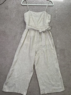 Mono J.Crew Correa de Espagueti Prendedor Rayas Caqui Blanco Pierna Ancha Lino Talla 4 Foto 1 de 4