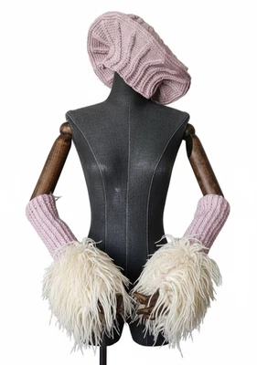 Handmade Blush Pink Semi Wool Crochet Beret & Arm Warmers w/ Off-White Wool Yarn - Image 1 of 4