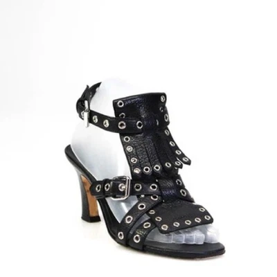 Sandálias de salto Brian Atwood tamanho 37 designer couro ilhós tiras fivela - Imagem 1 de 4