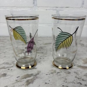 Set Of 4 Mid Century Gold Rim Tumblers / Glasses Multicolor Leaves. Fabulous! - Picture 1 of 7