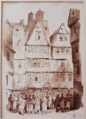 Lavis de bistre école romantique Scène de rue maisons à colombage XIXème - Photo 1/4