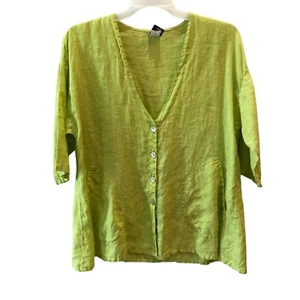 Match Point Small Lime Green Linen Short Sleeve Button Up V Neck Top Oversized S - Picture 1 of 8