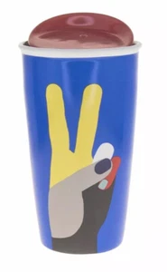 Starbucks Mug 12oz Ceramic Traveler Tumbler Blue Red Peace Hand Sign Holiday NEW - Picture 1 of 3