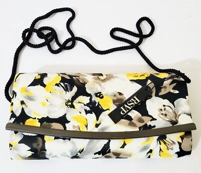 Charming Charlie RSVP Clutch Bag Purse Black Strap Yellow and Silver Flowers - Image 1 of 4