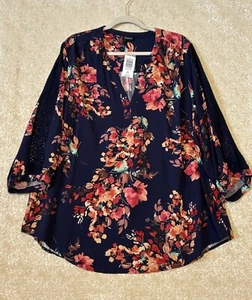 Torrid Women’s Plus 2X Blouse Vneck Popover Top 3/4 Sleeve Blue Floral Print - Picture 1 of 16