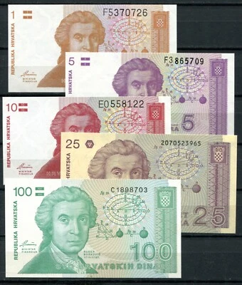 Croacia 1991 • 1 - 100 dinares • P# 16-20 • Lote 5 billetes NUEVO UNC Foto 1 de 2