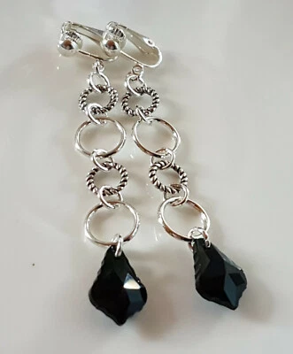 OHRCLIPS  CLIPS VERSILBERT SCHWARZE  KRISTALL TROPFEN - Bild 1 von 2