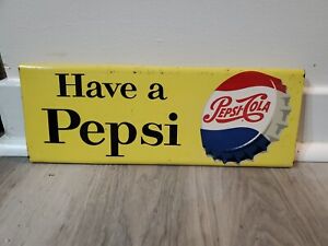 c.1955 Original Vintage Pepsi Cola Sign Metal Rack Topper Have A Pepsi Soda Gas