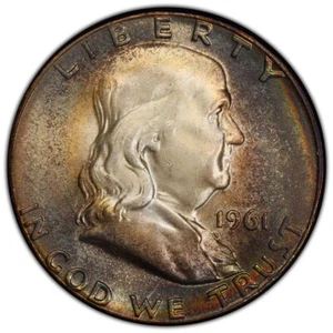1961 Franklin Silver Half Dollar PCGS MS64 Rainbow Toned Double Sided... FBL?? - Picture 1 of 5