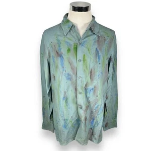 Tulliano Paint Splatter Print Sport Shirt Men's Large Silk Linen Button Up Blue - Picture 1 of 9