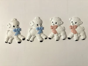 Vintage Homco Baby Lamb Wall Hanging Nursery Decor White Pink Blue Bows 4 Piece - Picture 1 of 17