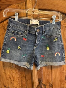 Abercrombie Kids Denim Shorts Embroidered Fruit & Rainbow Design Size 11/12 - Picture 1 of 3