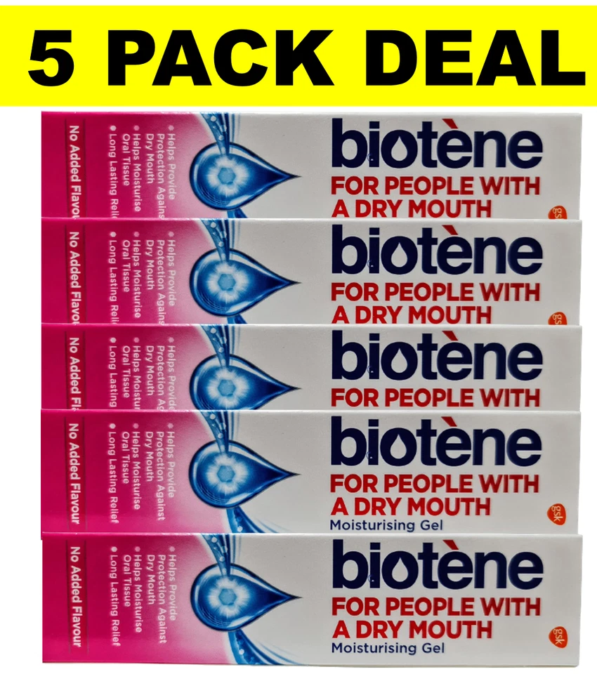 BIOTÈNE 5 X 50g Biotene TUBES Moisturising Gel Dry Mouth total 250g Long Lasting