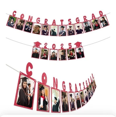 2 PK Graduación Foto Banner Decoración Clase De 2025 Rojo Fiesta Suministros Rd Desc Foto 1 de 4