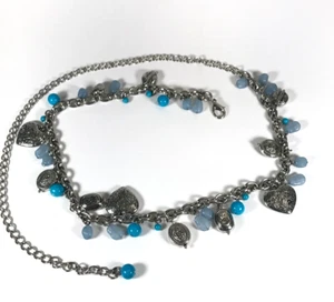 Women's Chain Belt One Size Silver Heart Charms Blue Beads Dangle Casual Dress - Picture 1 of 10
