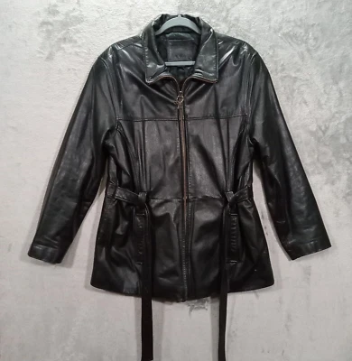 Kathy Ireland Genuine Leather Jacket Womens XL Lined Black Moto Coat Belted - Image 1 of 4