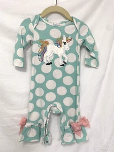 Ricrac & Ruffles 12M Romper Teal Polka Dot Unicorn Long Sleeve. - Picture 1 of 2