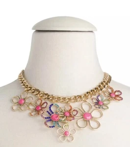 Betsey Johnson Love Fest Bib Rainbow Crystal Flower Statement Necklace Gold Tone - Picture 1 of 16