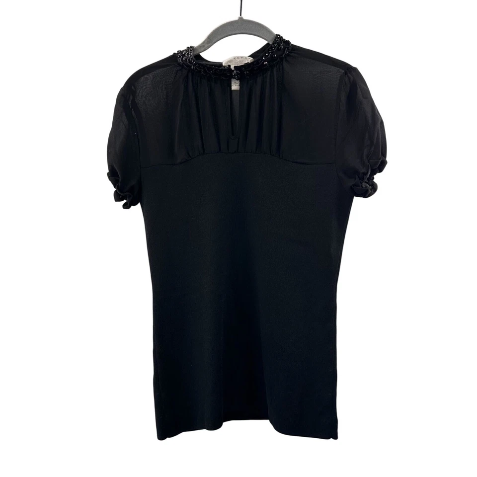 Kenar Beaded Collar Neck Black Short Sleeve Top S Elegant Style Smocked Stretch - Image 1 of 4