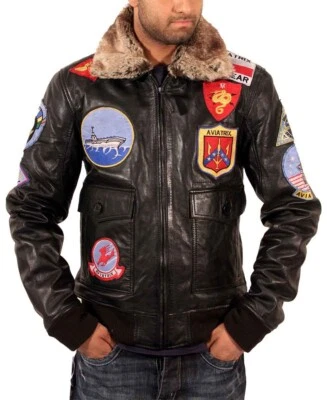 Aviatrix Men’s Real Leather Flight Bomber Style Jacket – Military Patch Aviator - Image 1 of 4