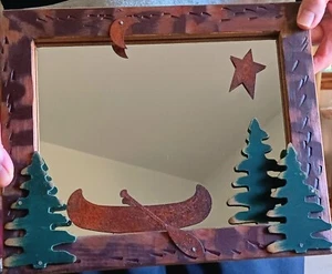 CABIN LAKE VIEW 3D Canoe, Oar, Trees Rustic Wooden Mirror PIC 10 x 11.78” - Picture 1 of 7
