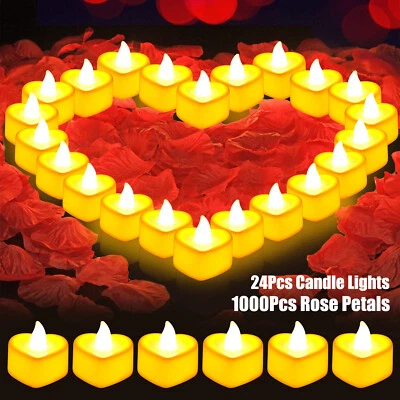 1000Pcs Artificial Rose Petals + 24Pcs LED Heart Light Candles Romantic Propose - Image 1 of 4