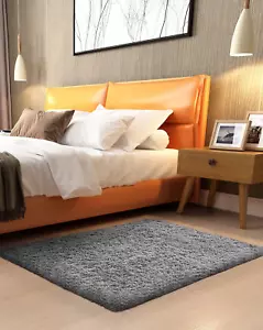 Small Rug Throw Non Slip Rugs for Bedroom, Mini Area Rug, Fluffy Grey Carpet, Af - Picture 1 of 12