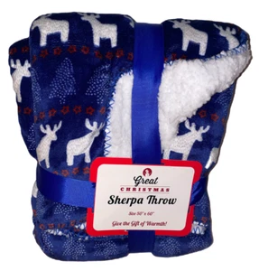 Great Christmas Sherpa Throw Size 50" x 60" Large Blue Blanket Holiday Warm - Picture 1 of 2