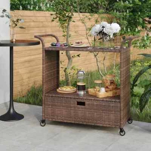 NNEVL Bar Cart with Drawer Brown 100x45x97 cm Poly Rattan - Picture 1 of 7