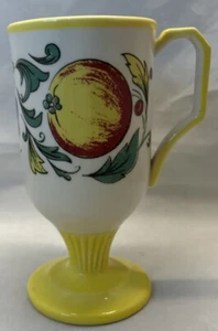 Shenango China Footed 8 oz Coffee Mug Blue Flowers Red Apple Yellow Band 1963 - Picture 1 of 8