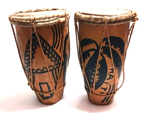 Lot of 2 Vintage Unique Hand Carved Hollow Wood Drum Haiti 12” Tall Marked BUZ - Picture 1 of 17