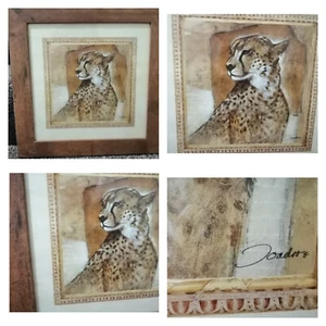 Impresión artística de guepardo Joadoor vintage marco de madera vidrio años 80 14" x 14" firmado - Imagen 1 de 11